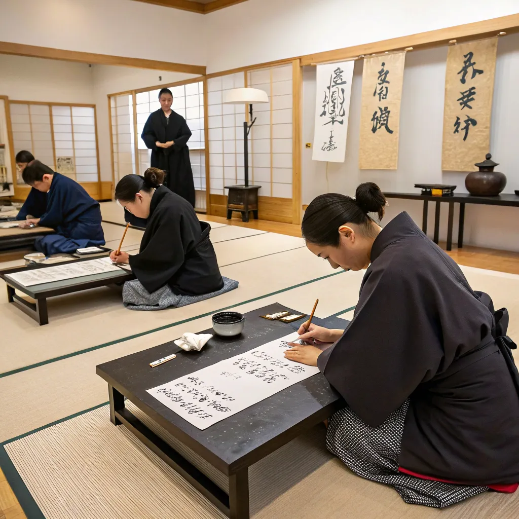 Image of a Japanese calligraphy class